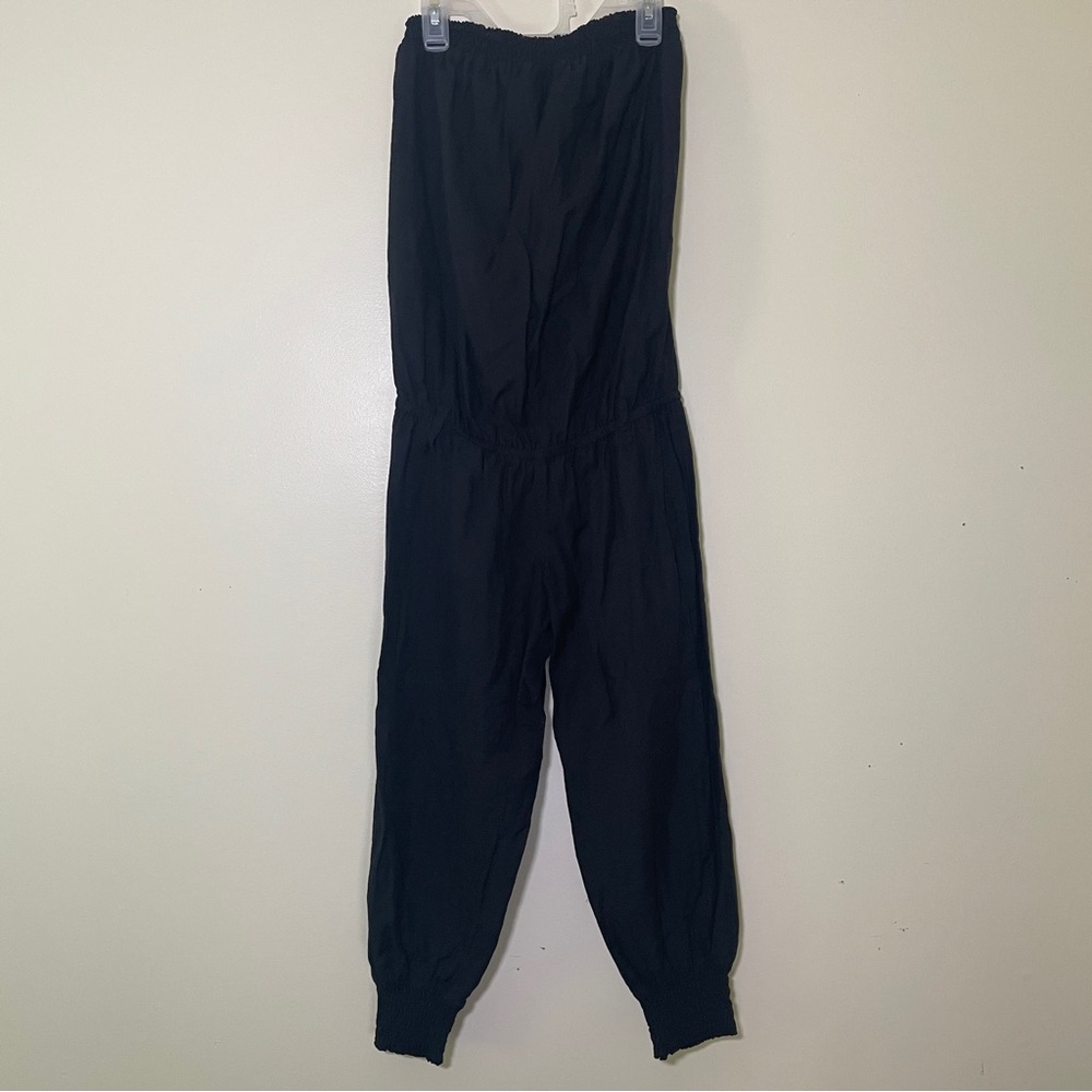 Vitamin A silk cotton romper women’s small black strapless capri jumpsuit boho